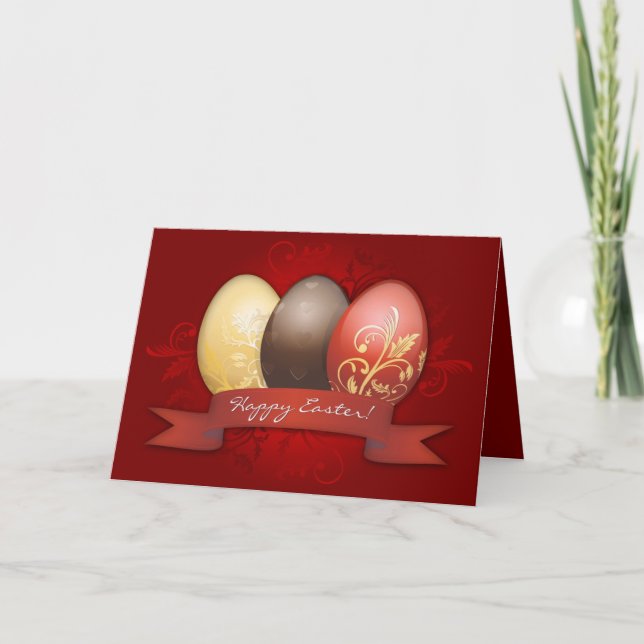 Easter Eggs Gold Decorated - Red Holiday Card (Front)