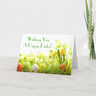 Easter Eggs Hiding in Grass with Daffodils Holiday Card