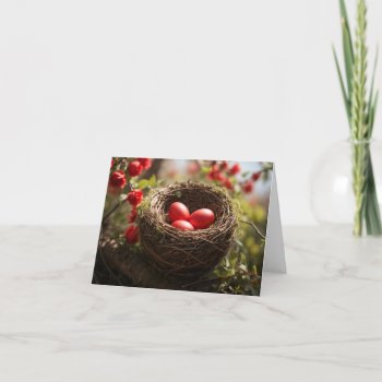 Easter Eggs In Birds Nest And Red Flowers Card by sirylok at Zazzle