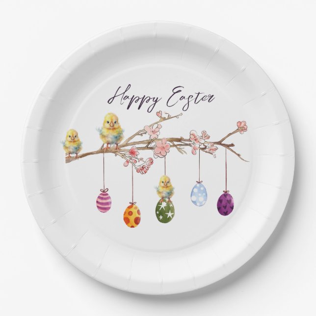 Easter Eggs on Flowering Branch Happy Easter Paper Plates (Front)