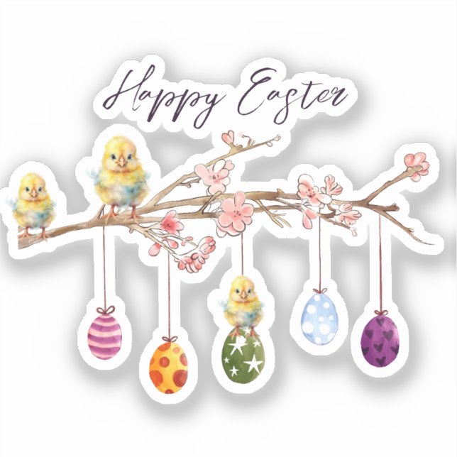 Easter Eggs on Flowering Branch Happy Easter Sticker (Front)