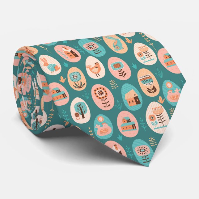 Easter Eggs Over Ocean Green  Neck Tie (Rolled)
