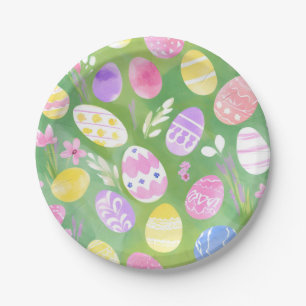 Easter Eggs   Pretty Pastel Watercolor Egg Hunt Paper Plates