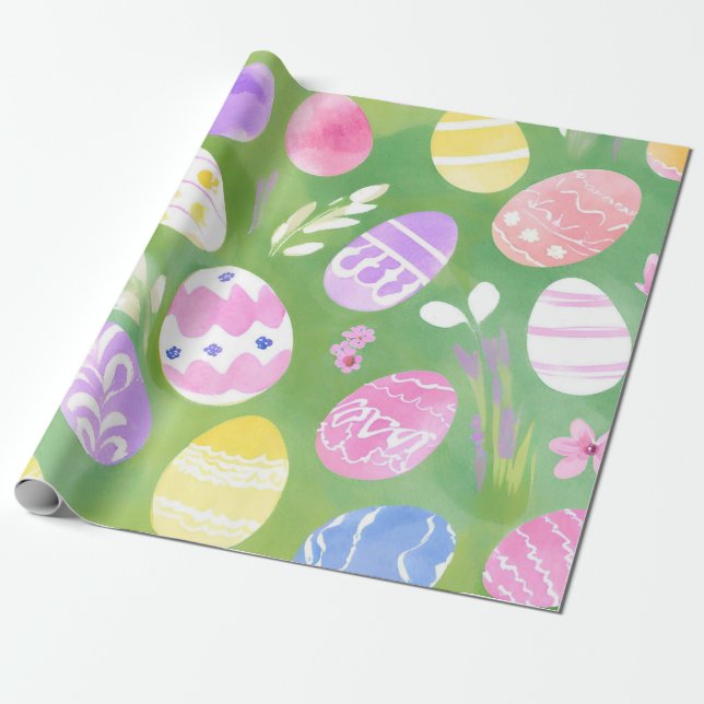 Easter Eggs | Pretty Pastel Watercolor Egg Hunt Wrapping Paper (Unrolled)