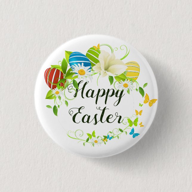 Easter Eggs Spring Flowers and Butterflies Wreath Button (Front)