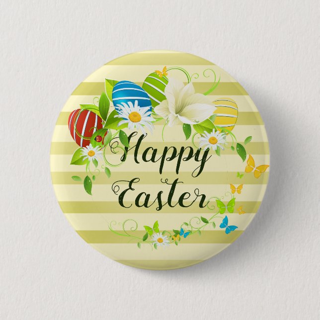 Easter Eggs Spring Flowers and Butterflies Wreath Button (Front)