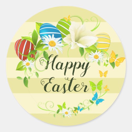 Easter Eggs Spring Flowers and Butterflies Wreath Classic Round Sticker