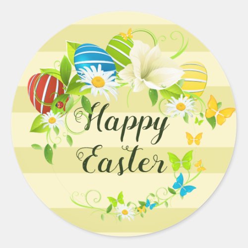 Easter Eggs Spring Flowers and Butterflies Wreath Classic Round Sticker