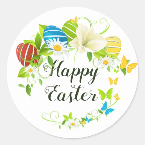 Easter Eggs Spring Flowers and Butterflies Wreath Classic Round Sticker