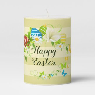 Easter Eggs Spring Flowers and Butterflies Wreath Pillar Candle