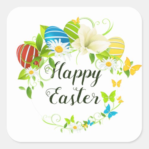 Easter Eggs Spring Flowers and Butterflies Wreath Square Sticker