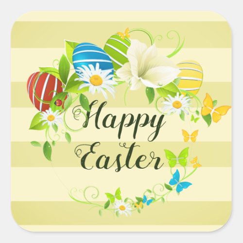 Easter Eggs Spring Flowers and Butterflies Wreath Square Sticker