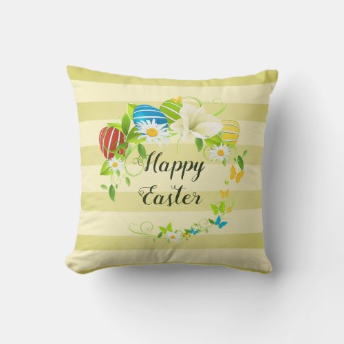 Easter Eggs Spring Flowers and Butterflies Wreath Throw Pillow