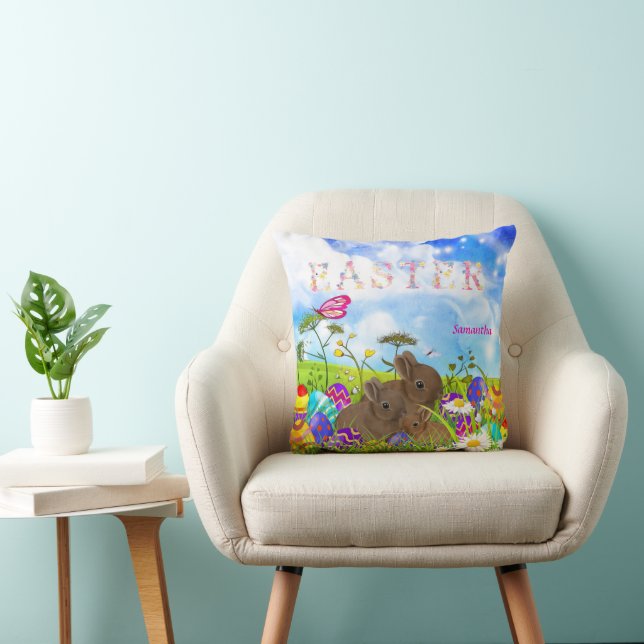 Easter Eggs Spring Time Daisies Bunny Family  Throw Pillow (Chair)