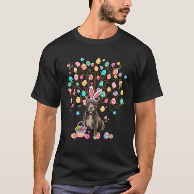 Easter Eggs Tree Pitbull Dog Wearing Bunny Ear T-Shirt (Front)