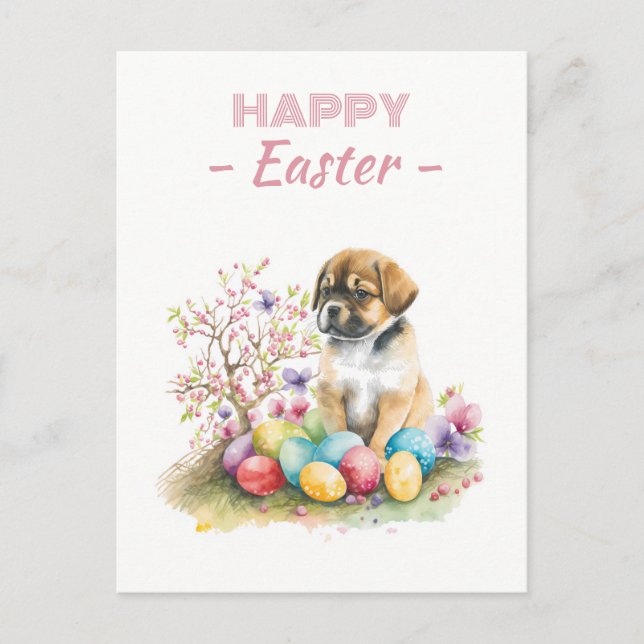 Easter Eggs Watercolor Puppy Cherry Blossoms Postcard (Front)