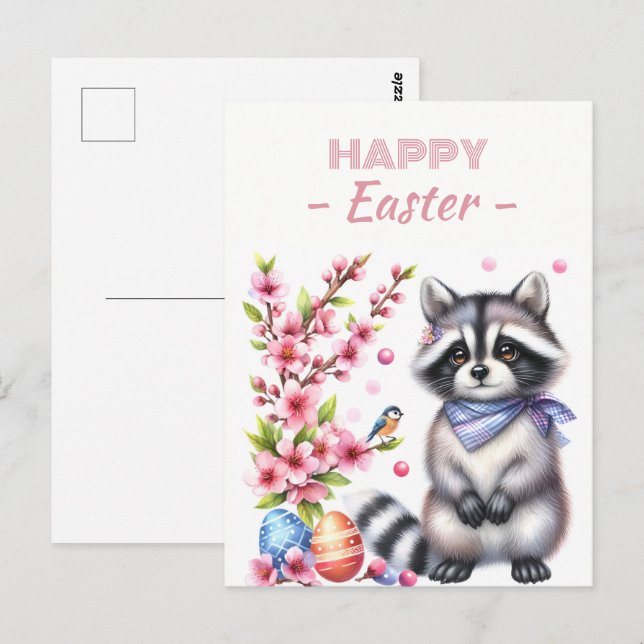 Easter Eggs Watercolor Raccoon Cherry Blossoms Postcard (Front/Back)