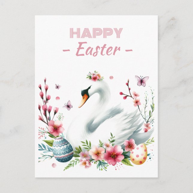 Easter Eggs Watercolor Swan Cherry Blossoms Postcard (Front)