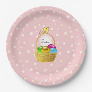 Easter Eggs & White Flower Pattern on Light Pink Paper Plates