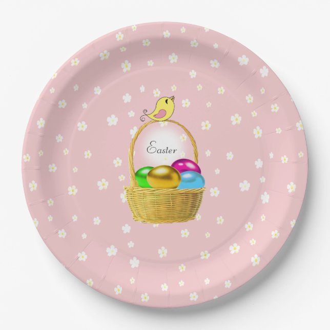 Easter Eggs & White Flower Pattern on Light Pink Paper Plates (Front)