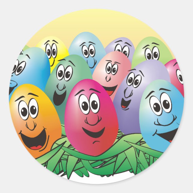 Easter Eggs with Faces in Grass Classic Round Sticker (Front)