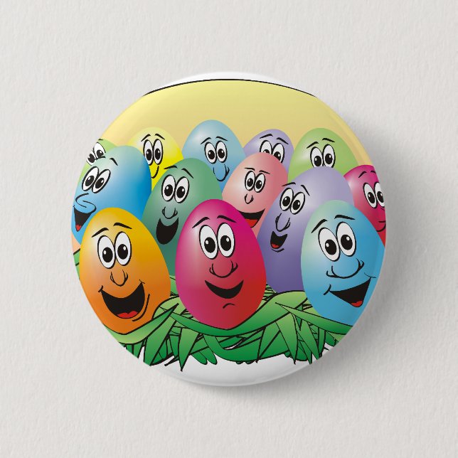 Easter Eggs with Faces in Grass Pinback Button (Front)