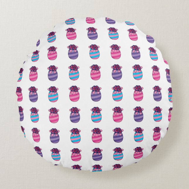 Easter Eggs with Flowers and Ribbon Round Pillow (Front)