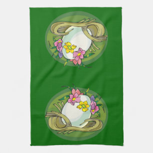 Easter Eggs with Spring Flowers Green Kitchen Towel
