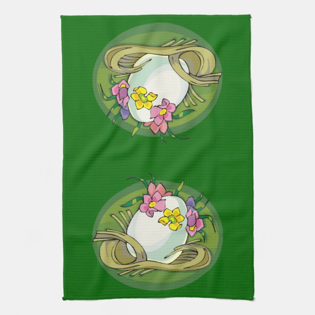 Easter Eggs with Spring Flowers Green Kitchen Towel (Vertical)