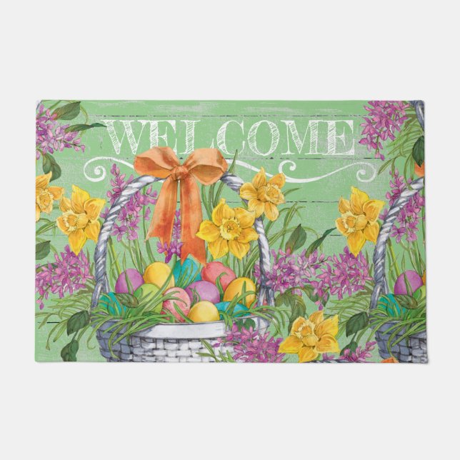 Easter Eggs Yellow Purple Floral Basket Welcome Doormat (Front)