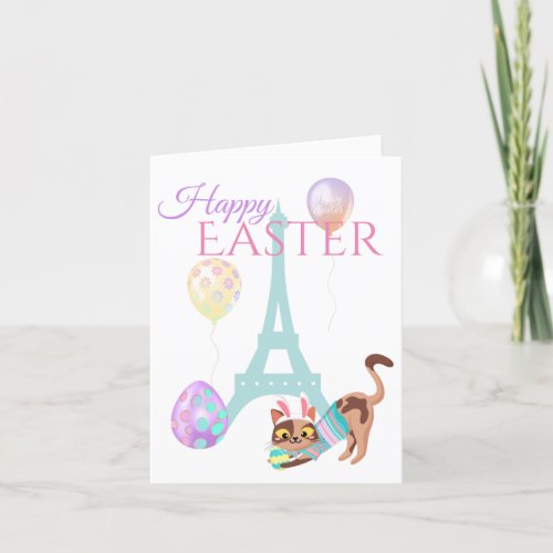 Easter Eiffel Tower and Cat Pastel Balloons Holiday Card