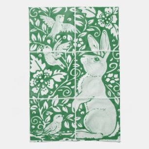 Easter Emerald Green Rabbit Bird Floral Tile Art Kitchen Towel