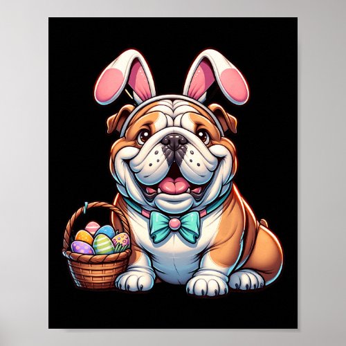 Easter English Bulldog Bunny Ears Eggs  Poster