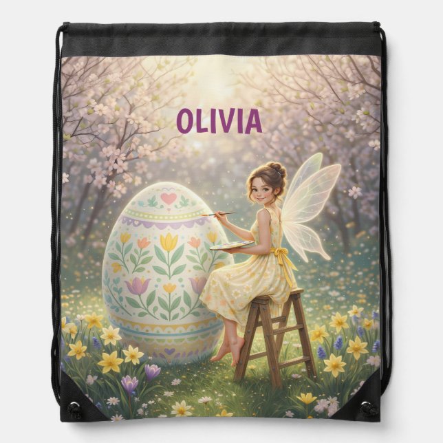 Easter Fairy Painting Egg Spring Drawstring Bag (Front)