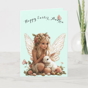 Easter Fairy  Pink Roses White Rabbit Butterflies  Card