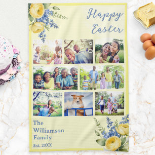 Easter Family Photo Collage Spring Flowers Yellow Kitchen Towel