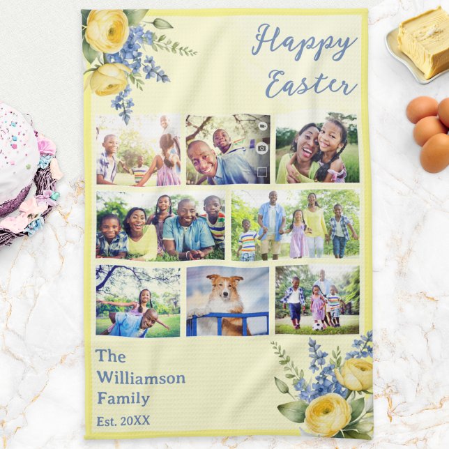 Easter Family Photo Collage Spring Flowers Yellow Kitchen Towel (A pretty yellow Easter kitchen towel with multi photo collage, custom family name and Spring flowers)
