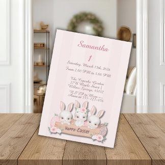 Easter First Birthday Invite - Kawaii Bunnies 
