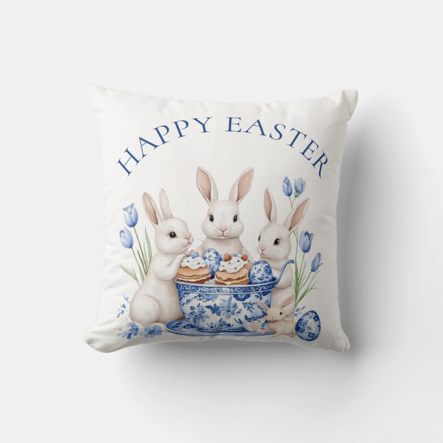 Easter Floral Bunny Chinoiserie Throw Pillow (Front)