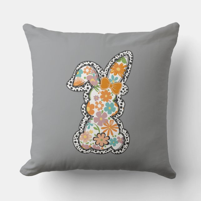 Easter Floral Bunny Leopard Border Happy Easter Throw Pillow (Front)