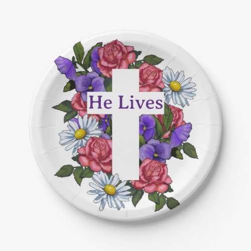 Easter Floral Cross He Lives Paper Plates