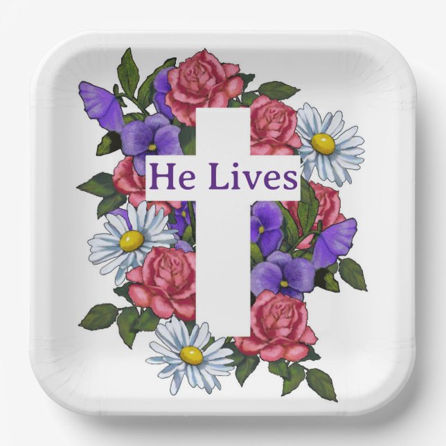 Easter Floral Cross He Lives Paper Plates (Front)