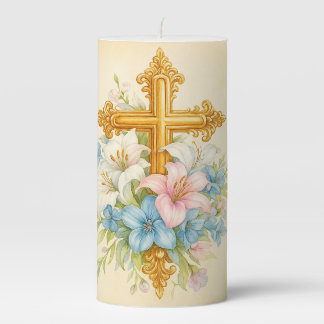 Easter Floral Golden Cross Pillar Candle