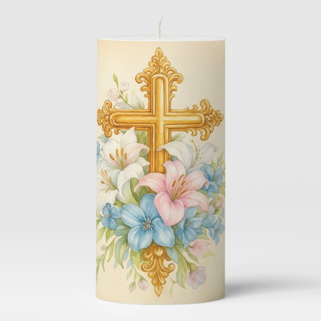 Easter Floral Golden Cross  Pillar Candle (Front)