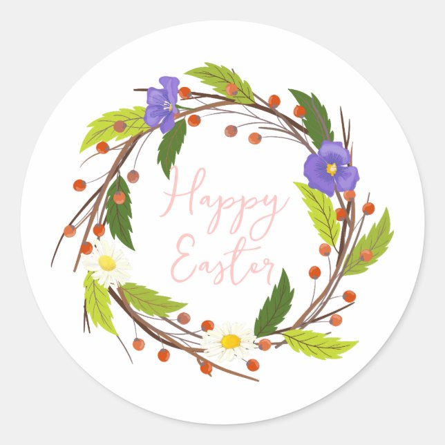 Easter Floral Wreath Classic Round Sticker (Front)