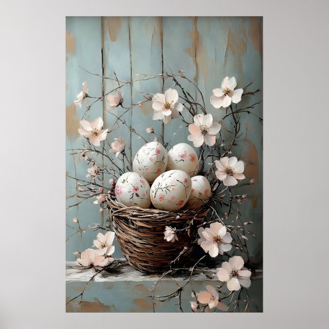 Easter Flower Basket, Spring Print, Vintage Easter Poster (Front)