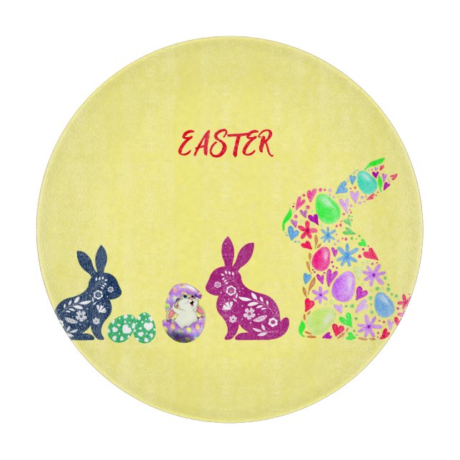 "EASTER" FLOWERED BUNNY'S GLASS  CUTTING BOARD (Front)