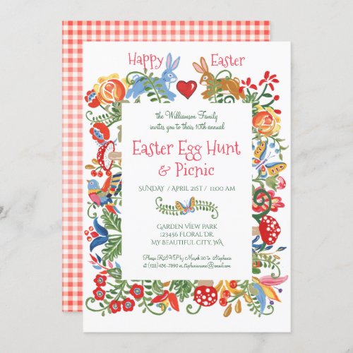 Easter Folk Art Bunny Rabbit Pink Gingham Egg Hunt Invitation