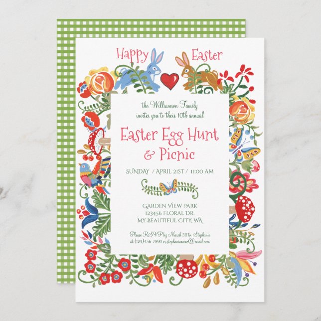 Easter Folk Floral Bunny Rabbit Gingham Egg Hunt Invitation (Front/Back)