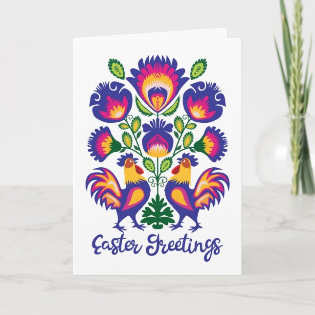 Easter Folklore with 2 Roosters Custom Folded Card (Front)